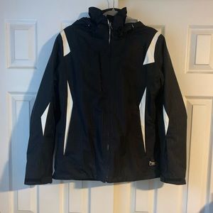 WOMEN’s black, white and silver Karbon Ski Jacket, size 10.